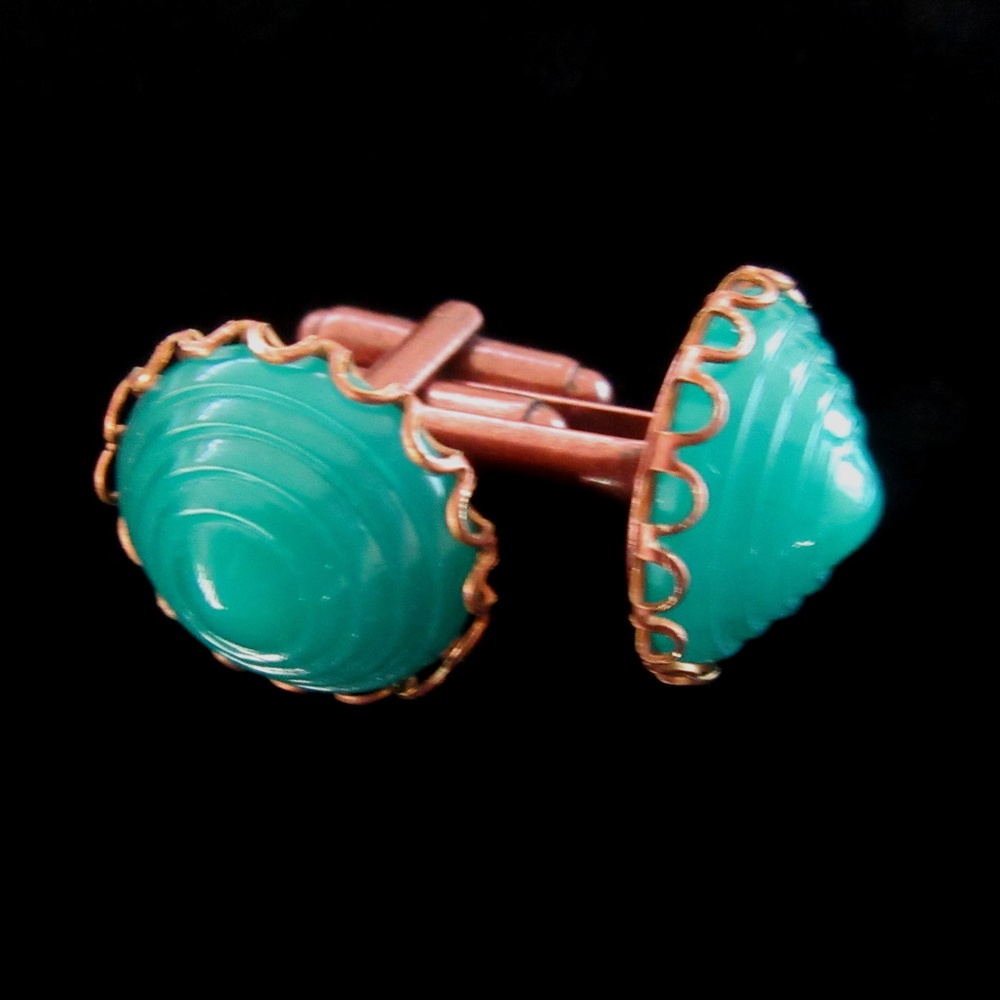 Cufflinks teal blue green Czech art glass- vintage stones - new copper setting